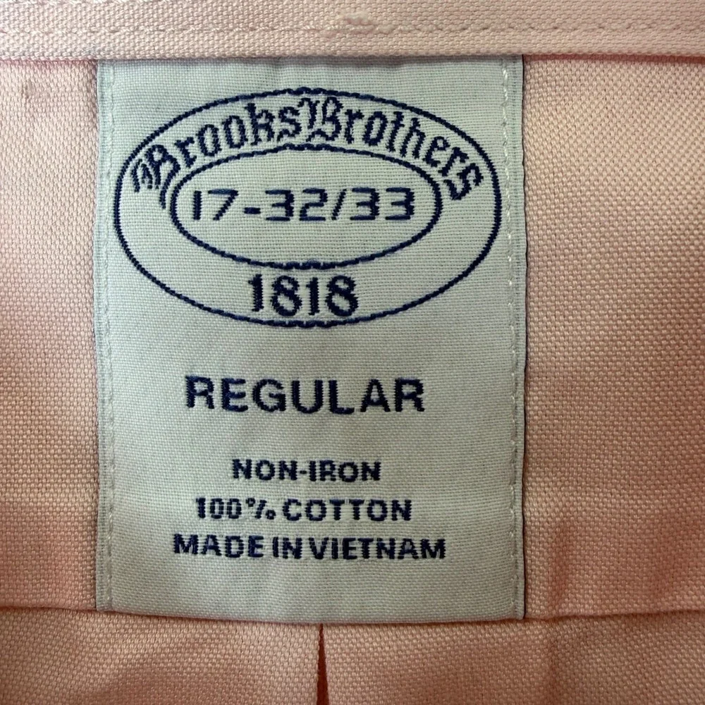 Brooks Brothers Dress Shirt Men 17 32/33 Pink Non-Iron Regular Fit Button Down